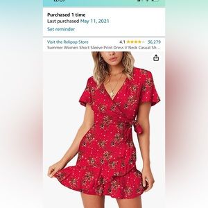 Women’s Small Red Floral Short Sleeve V Neck Tie Dress